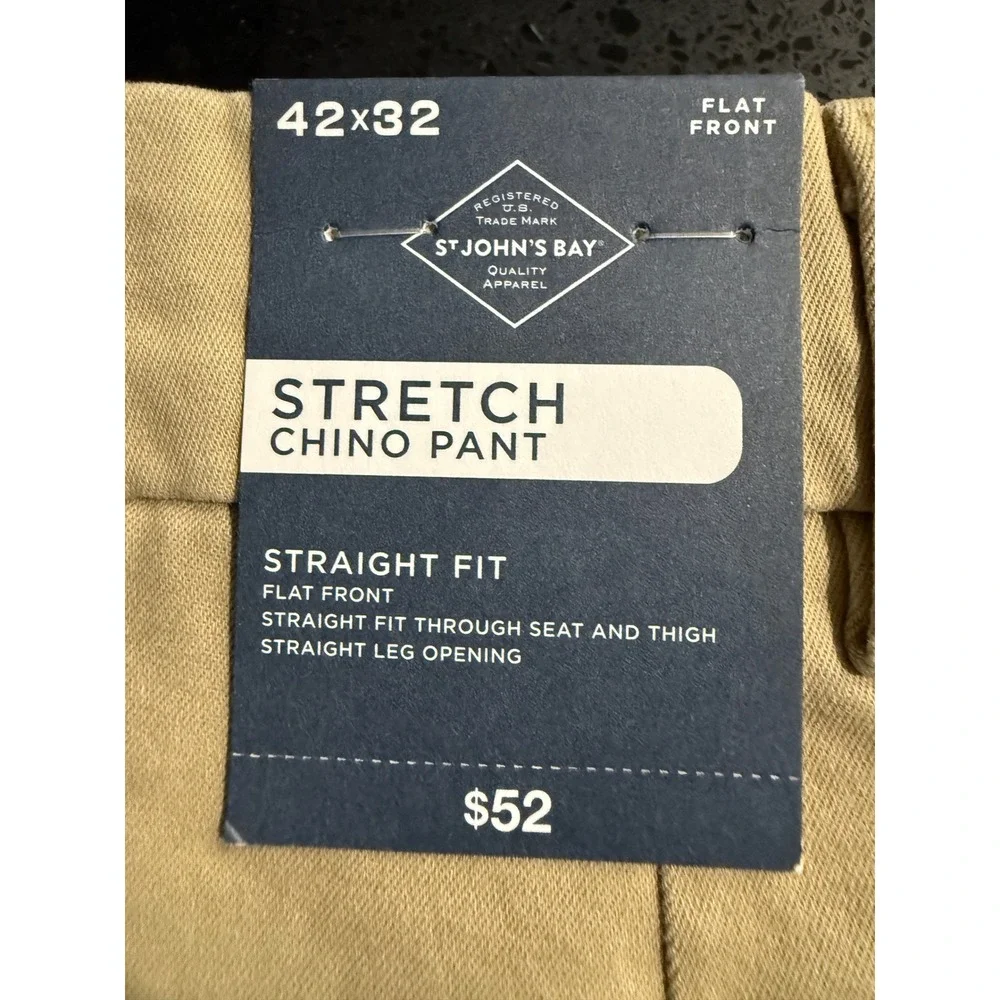St Johns Bay Mens‎ Stretch Chino Pants 42x32 Khaki Tan Straight Fit Flat Front